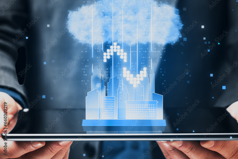 Poster close up of businessman hands holding tablet with cloud computing hologram. smart city wireless inte
