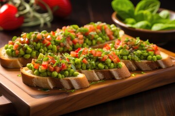 edamame bruschetta displayed on a rectangular wooden tray