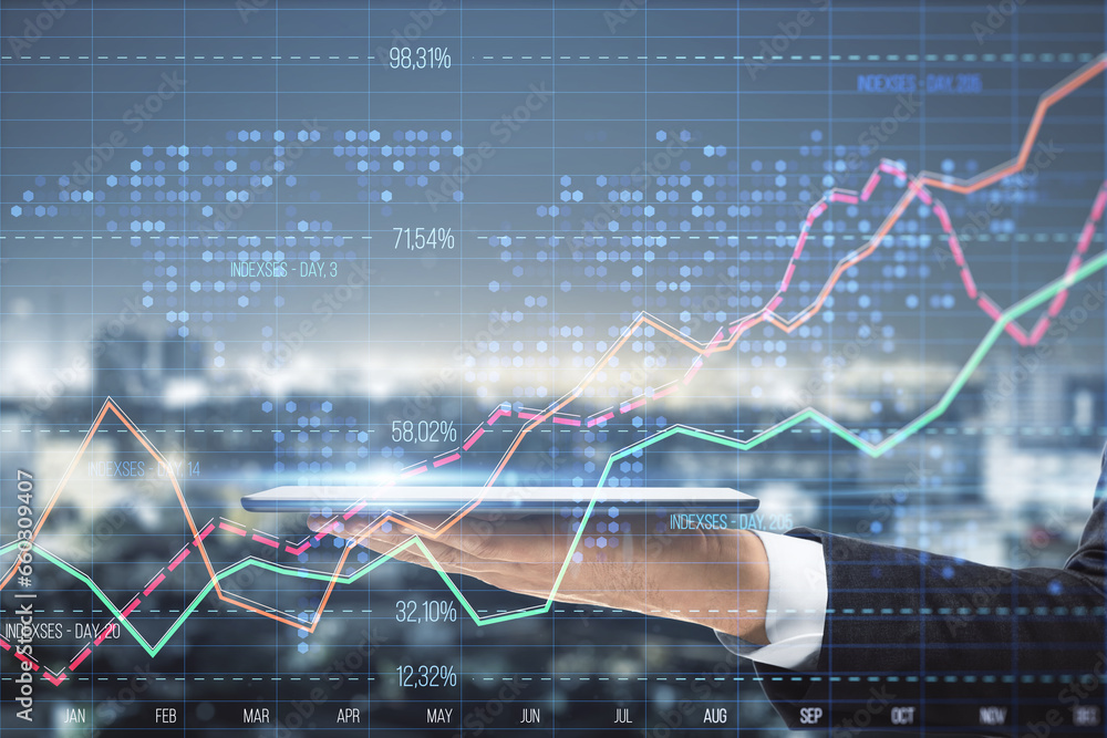 Poster close up of businessman hand holding smartphone with creative business graph with index and grid on 
