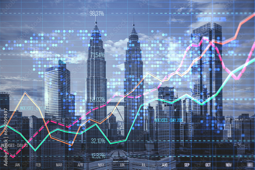 Aufkleber abstract creative business graph with index, map and grid on blurry city backdrop with skyscrapers. 