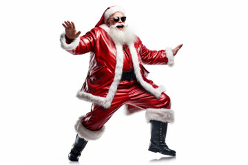 Aged playful emotion Santa in sunglasses with comic grimace fooling around on white background