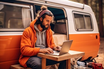 Young man digital nomad engaging in remote work outside her vintage camper van, epitomizing the mobile, van life lifestyle. - obrazy, fototapety, plakaty