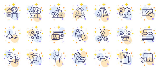 Outline set of Best glasses, T-shirt and Skirt line icons for web app. Include Pillows, Baggage, Deckchair pictogram icons. Lips, Bra, Discount signs. Buying process, Dry t-shirt, Suit. Vector