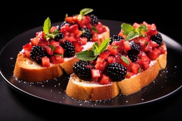 three pieces of berry bruschetta arranged neatly on a black plate