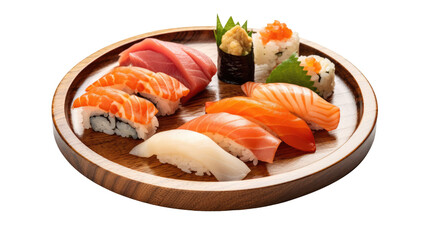 Sushi big set for japanese food serving on wooden plate isolated on transparent background. Generative Ai