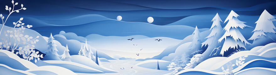 A panoramic serene winter landscape under the glow of a full moon, featuring snow-covered trees and a gentle snowfall, capturing the quiet beauty of a winter's night