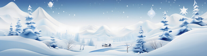 Fototapeta na wymiar A panoramic serene winter landscape under the glow of a full moon, featuring snow-covered trees and a gentle snowfall, capturing the quiet beauty of a winter's night