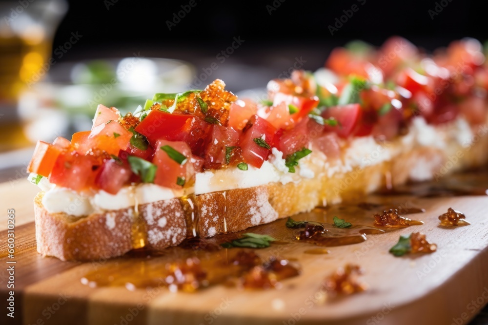 Canvas Prints close-shot of honey glazing on bruschetta slice