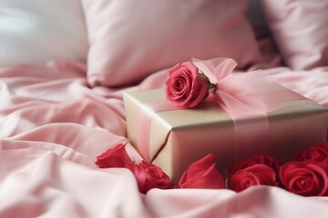 The gift box is packed and decorated with a bow on the bed. Valentine's Day gift.