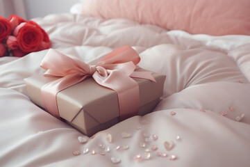 Fototapeta na wymiar The gift box is packed and decorated with a bow on the bed. Valentine's Day gift.