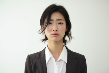 憂鬱な日本人の女性ビジネスマンのポートレート写真（白背景・サラリーマン・スーツ・若手・新人・新入社員） - obrazy, fototapety, plakaty