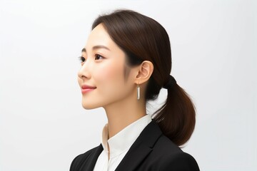  横顔の日本人の女性ビジネスマンのポートレート写真（白背景・サラリーマン・スーツ・若手・新人・新入社員） - obrazy, fototapety, plakaty
