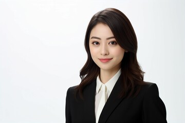 正面の日本人の女性ビジネスマンのポートレート写真（白背景・サラリーマン・スーツ・若手・新人・新入社員） - obrazy, fototapety, plakaty