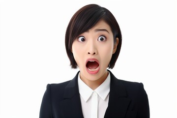 驚いている日本人の女性ビジネスマンのポートレート写真（白背景・サラリーマン・スーツ・若手・新人・新入社員） - obrazy, fototapety, plakaty