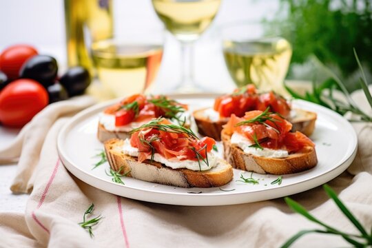 photo of bruschetta with olives, having a white linen cloth as the backdrop