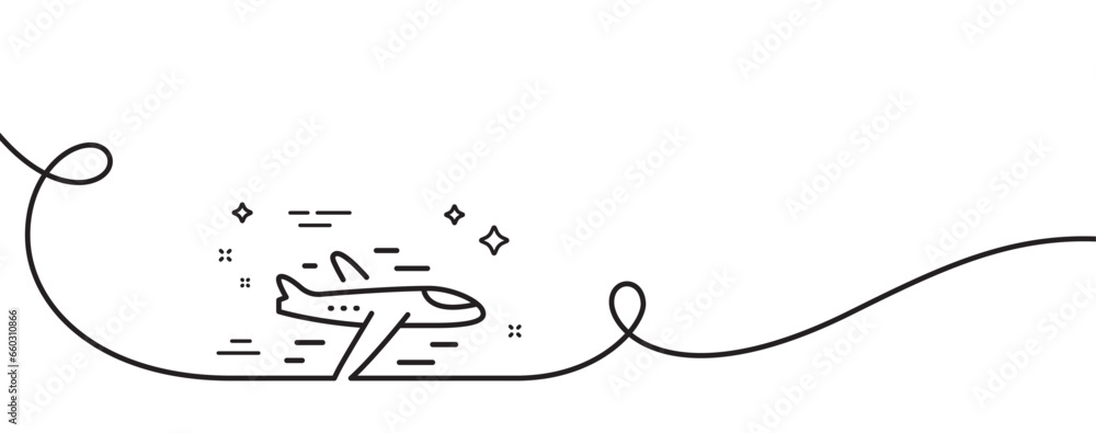 Poster airplane line icon. continuous one line with curl. plane flight transport sign. aircraft symbol. air