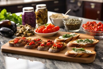 countertop with an assortment of bruschetta, focusing particularly on pickled eggplant