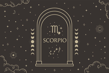 Fototapeta na wymiar Scorpio zodiac sign, Constellation illustration with dark night sky.