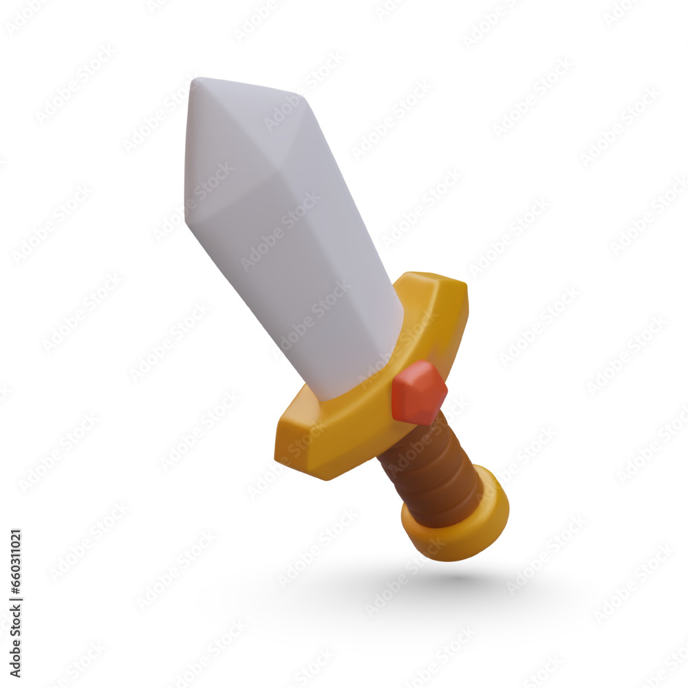 Poster item for cartoon game on white background with place for text. side view of golden old sword for gam