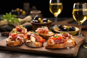 prosciutto bruschetta with a side of olives and cheese