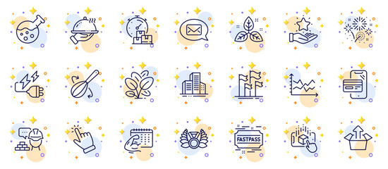 Outline set of Send box, Fair trade and Laureate medal line icons for web app. Include Diagram chart, Electricity plug, Fast delivery pictogram icons. Fastpass, Messenger, Chemistry lab signs. Vector