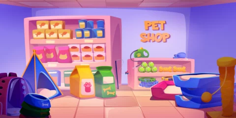 Foto op Canvas Pet shop interior cartoon vector. Dog and cat petshop in supermarket inside. Animal food on shelf, counter, pillow bed, bowl and scratching toy indoor illustration. Collar and mouse to buy in market © klyaksun