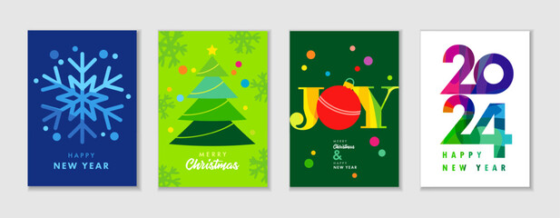 Merry Christmas and Happy New Year 2024 colored greeting cards set. Vector illustration concepts for background with creative snowflake, xmas tree, JOY lettering and 2024 number