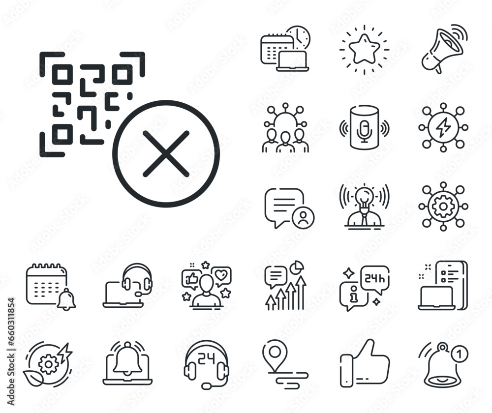 Poster scan barcode sign. place location, technology and smart speaker outline icons. no qr code line icon.