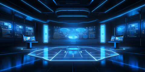 Futuristic High-Tech Control Room with Holographic Displays. Futuristic Control Room with Digital Interfaces