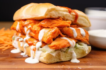 close up of buffalo chicken sandwich with sauce dripping