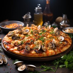 Tasty Seafood Pizza with Shrimp, Mussels, and Squid