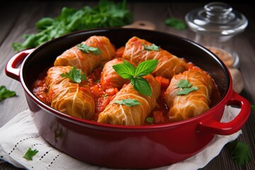 cabbage rolls in a deep dish garnished with herbs