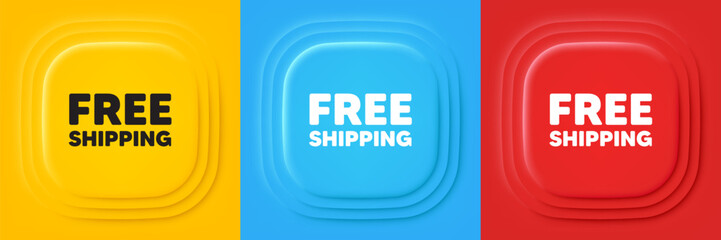 Free shipping tag. Neumorphic offer banners. Delivery included sign. Special offer symbol. Free shipping podium background. Product infographics. Vector