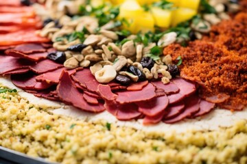 Fototapeta premium closeup of pizza toppings on a cauliflower crust