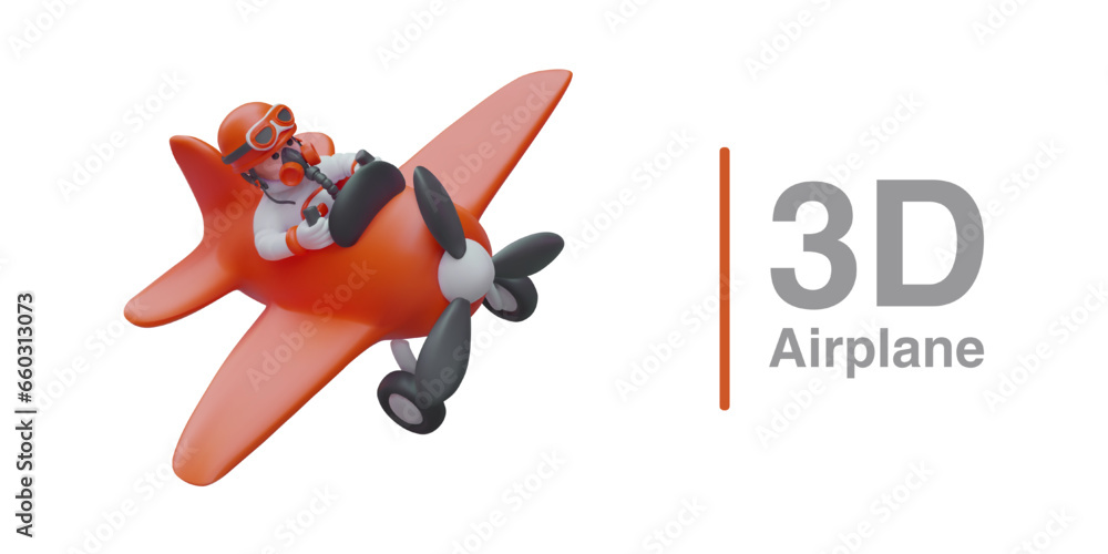 Poster poster with realistic cartoon character flying in airplane. model for online computer game in 3d sty