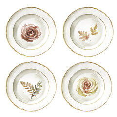 Watercolor vector set of white plates with autumn ornament and golden borders, tableware for the home, single elements on a white background. Set contains four different autumn ornament plates.