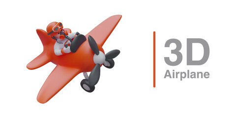Poster with realistic cartoon character flying in airplane. Model for online computer game in 3d style. Adventure concept. Vector illustration in red colors