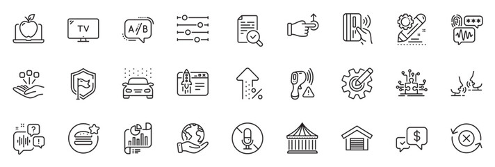 Icons pack as Car wash, Puzzle options and Voicemail line icons for app include Carousels, Report document, Start business outline thin icon web set. Save planet, Increasing percent. Vector