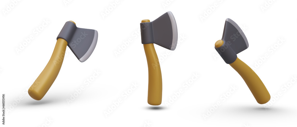 Aufkleber set of axe in different position. poster with 3d element for computer games. steel arms concept. vec