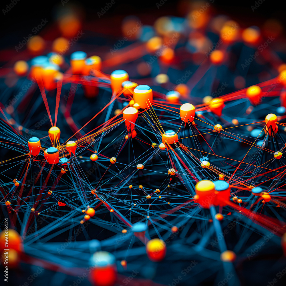 Poster a vibrant and intricate network of orange and blue dots, creating a captivating visual pattern.