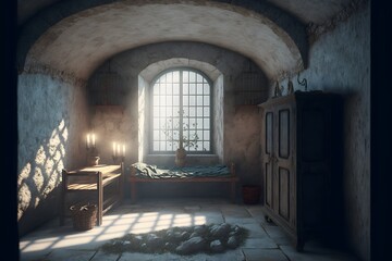 interior gritty prison cell white marble medieval fantasy ultrarealistic dramatic cinematic 8k  - obrazy, fototapety, plakaty