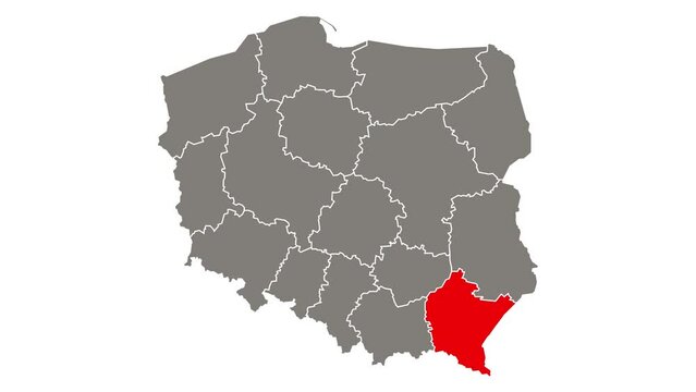 Subcarpathia voivodeship blinking red highlighted in map of Poland