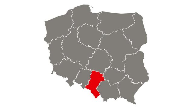 Silesia voivodeship blinking red highlighted in map of Poland