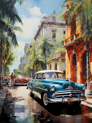 Obraz premium illustration de voitures de couleurs en ville à Cuba