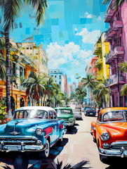 Obraz premium illustration de voitures de couleurs en ville à Cuba