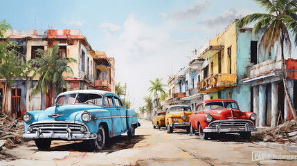 illustration de voitures de couleurs en ville à Cuba - obrazy, fototapety, plakaty