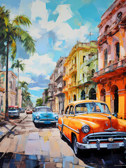 illustration de voitures de couleurs en ville à Cuba