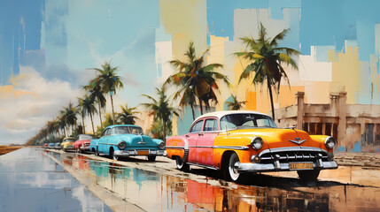 illustration de voitures de couleurs en ville à Cuba - obrazy, fototapety, plakaty