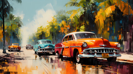 Obraz premium illustration de voitures de couleurs en ville à Cuba