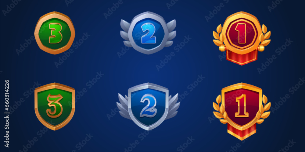 Poster game ui medals for third, second and first place award. cartoon vector illustration set of trophy ba